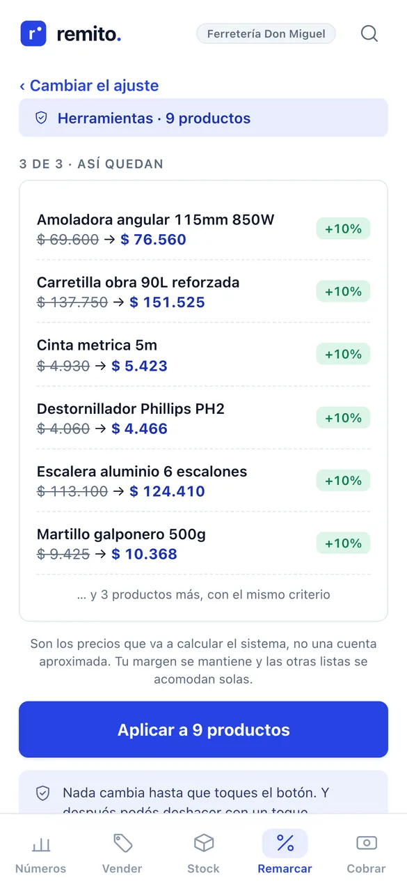 Vista previa de remarcación: cada producto con su precio viejo tachado, el nuevo al lado y el botón para aplicar a 40 productos