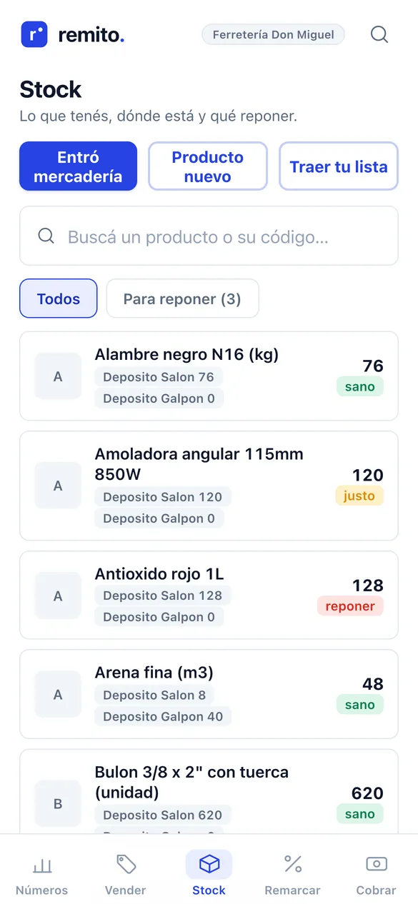Stock de Remito: cada producto con lo que hay en el salón y en el galpón, y el aviso de si hay que reponer