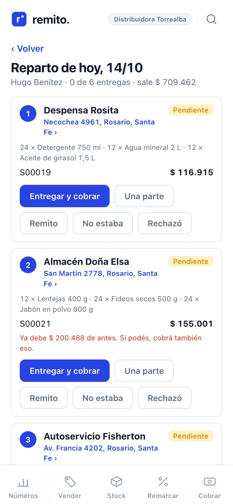 Hoja de ruta de Remito en el celular del repartidor: las paradas del día, qué entregar, qué cobrar y si el cliente ya debía