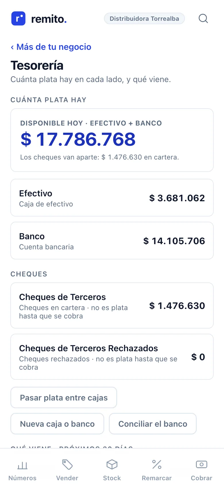 Tesorería de Remito: saldo de cada caja y banco, cheques en cartera y flujo a 30 días