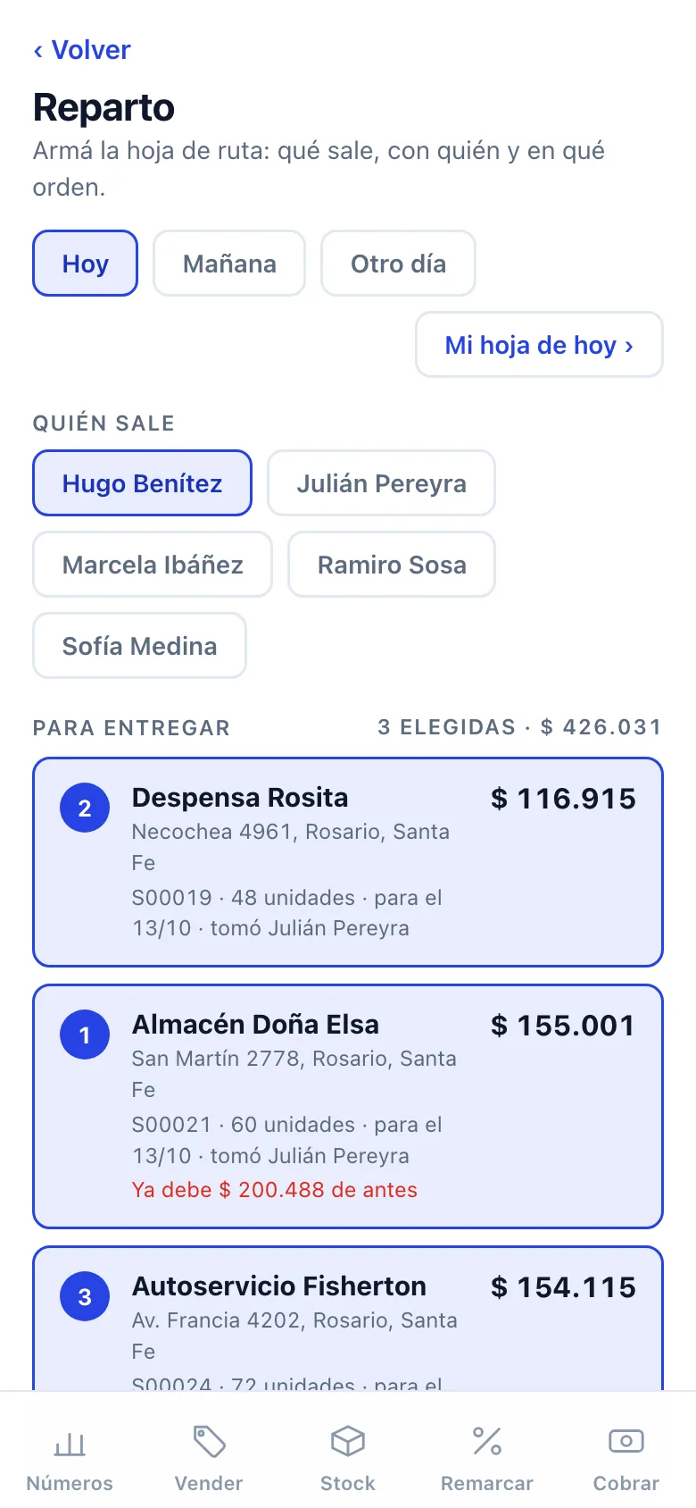 Pantalla Reparto de Remito: quién sale, los pedidos para entregar elegidos en orden de visita y lo que ya debía cada cliente